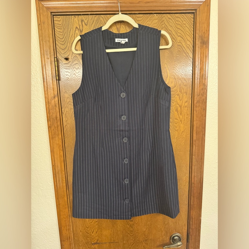 Steve Madden Navy Pinstripe Button-Front Vest Dress